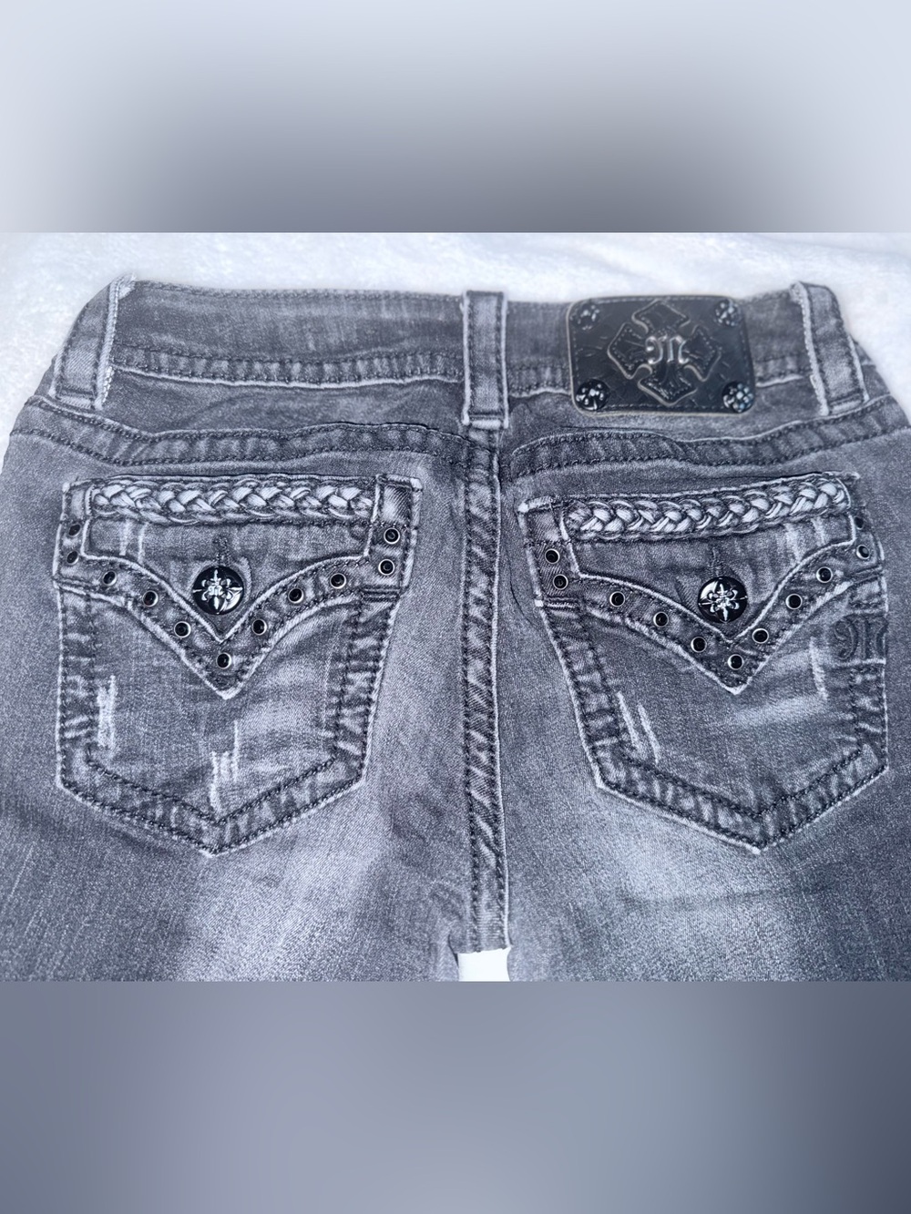 Miss Me Women's Dark Grey Straight Jeans with Braided & Studded Back Pockets